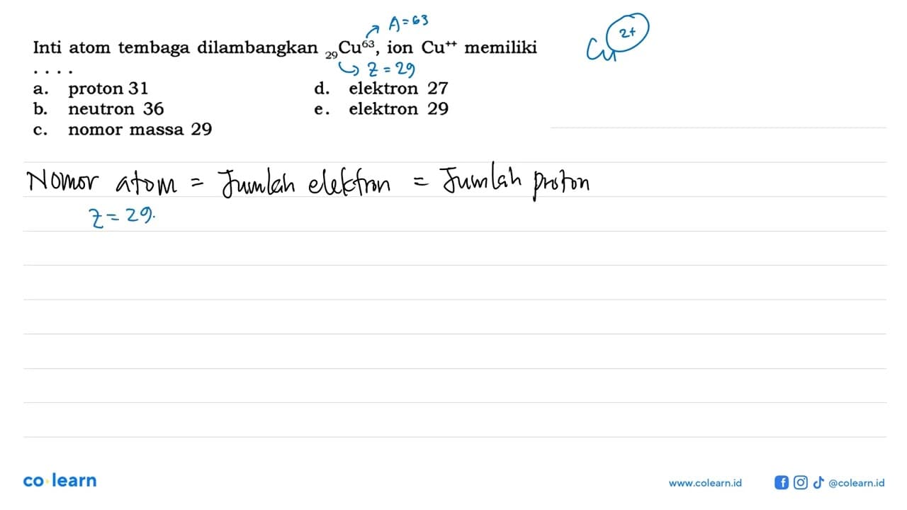 Inti atom tembaga dilambangkan 29Cu^63, ion Cu^++