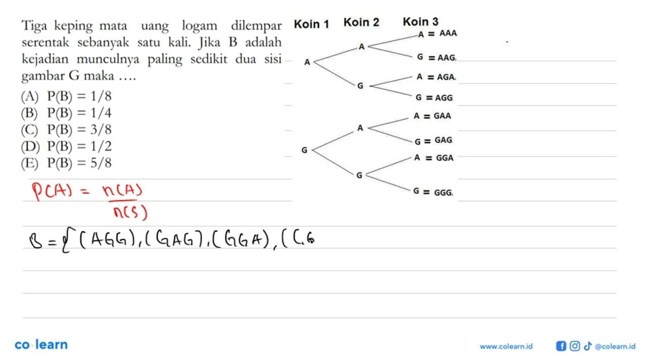 Tiga keping mata uang logam dilempar serentak sebanyak satu