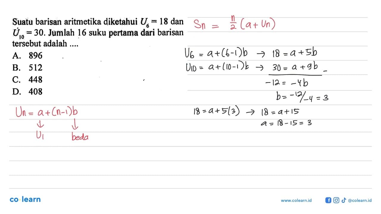 Suatu barisan aritmetika diketahui U6 = 18 dan U10 = 30.