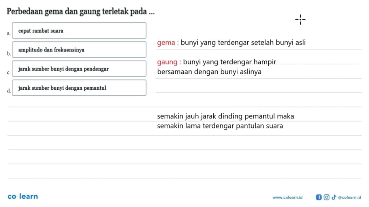 Perbedaan gema dan gaung terletak pada ...a. cepat rambat