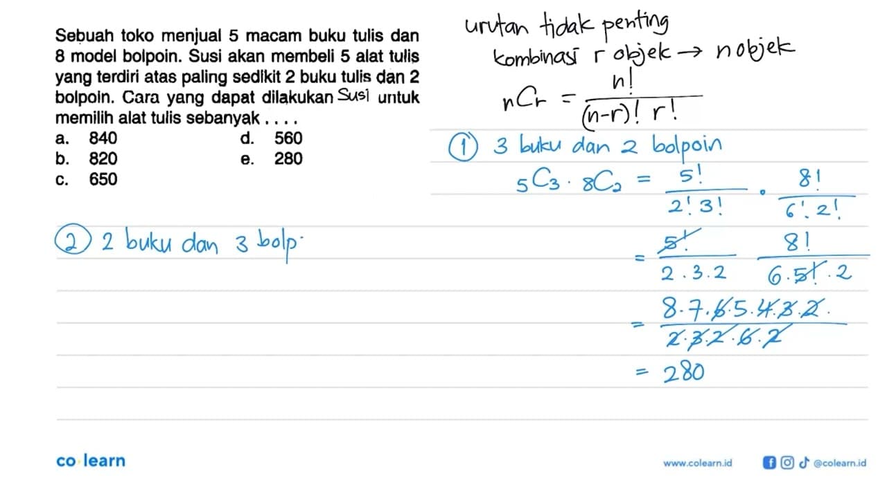 Sebuah toko menjual 5 macam buku tulis dan 8 model bolpoin.