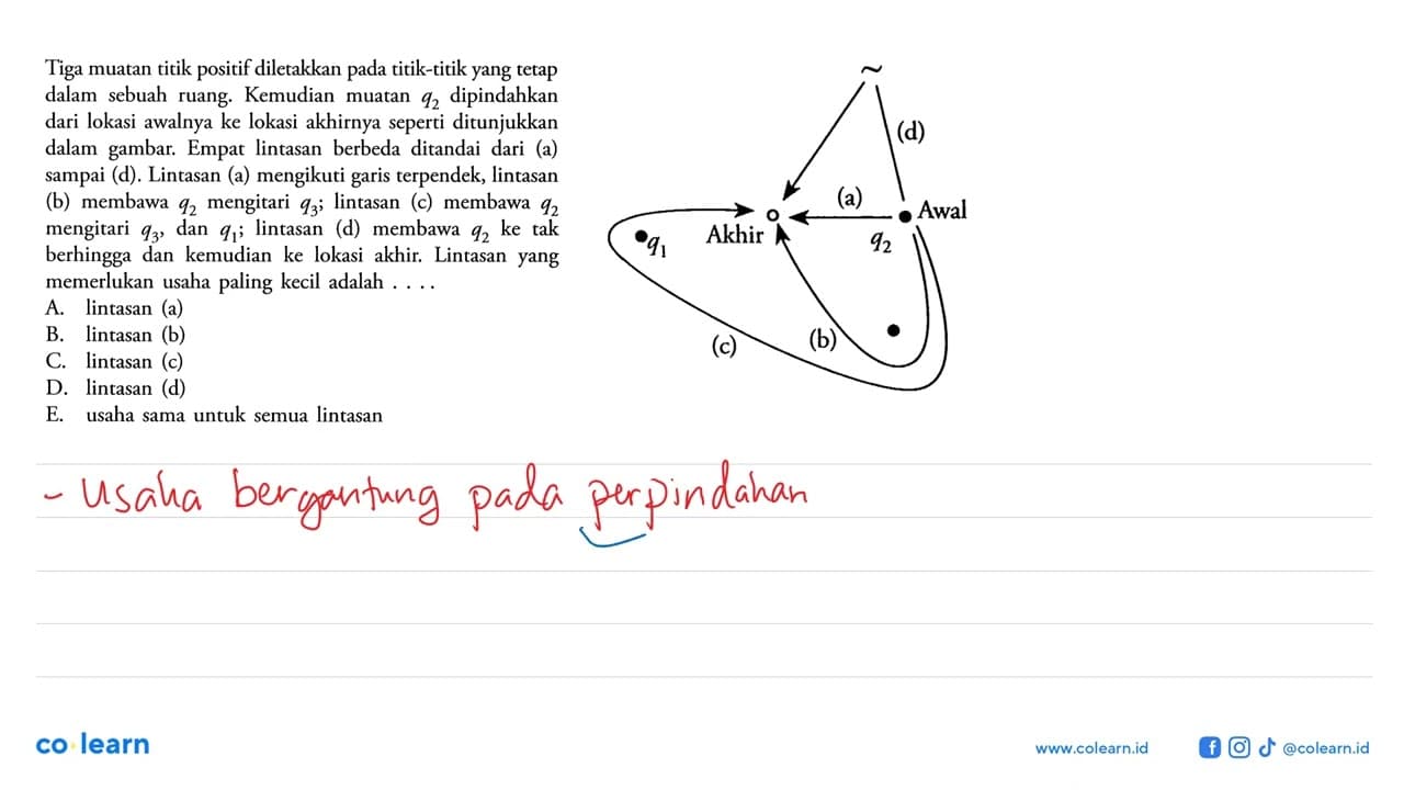 Tiga muatan titik positif diletakkan titik-titik yang tetap