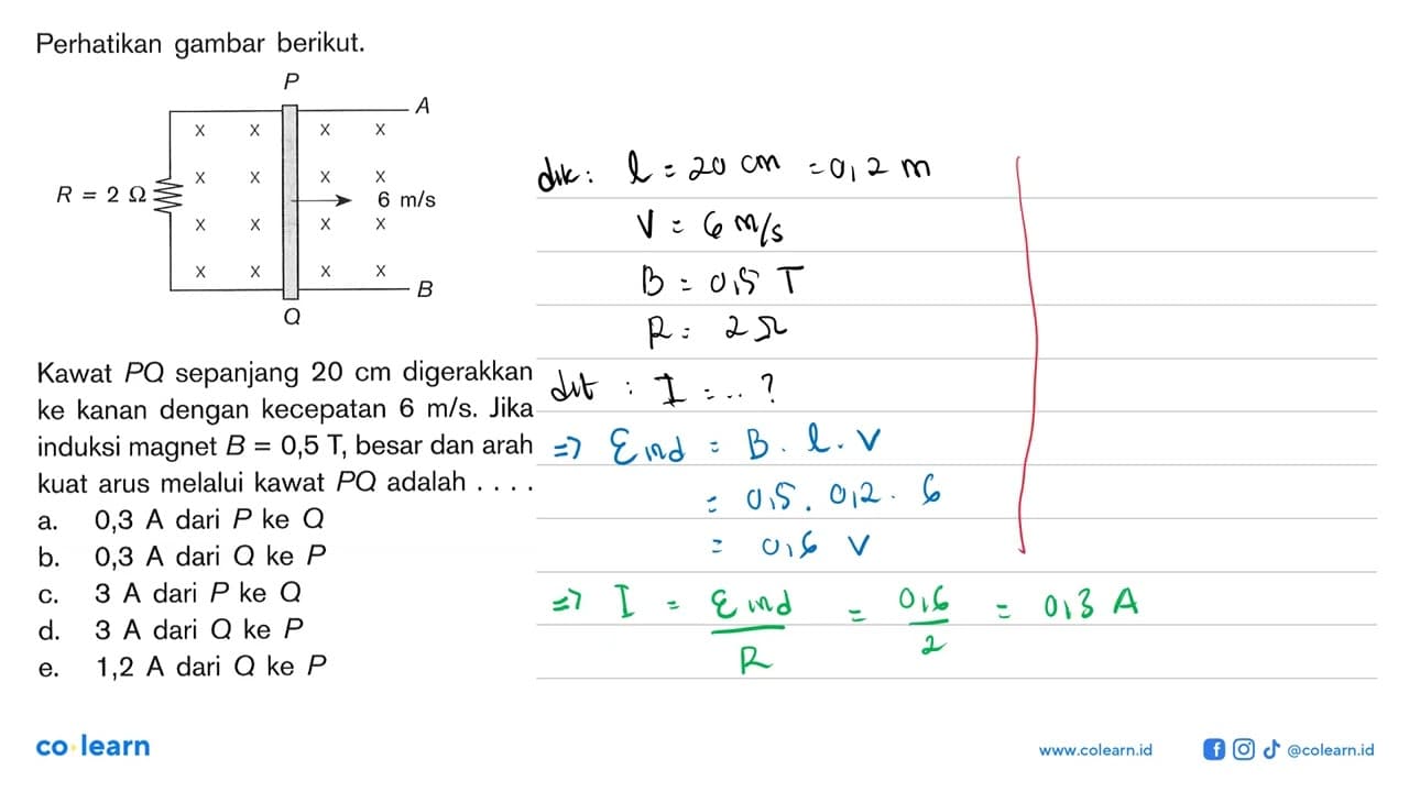 Perhatikan gambar berikut. P A R = 2 Ohm 6 m/s Q B Kawat PQ