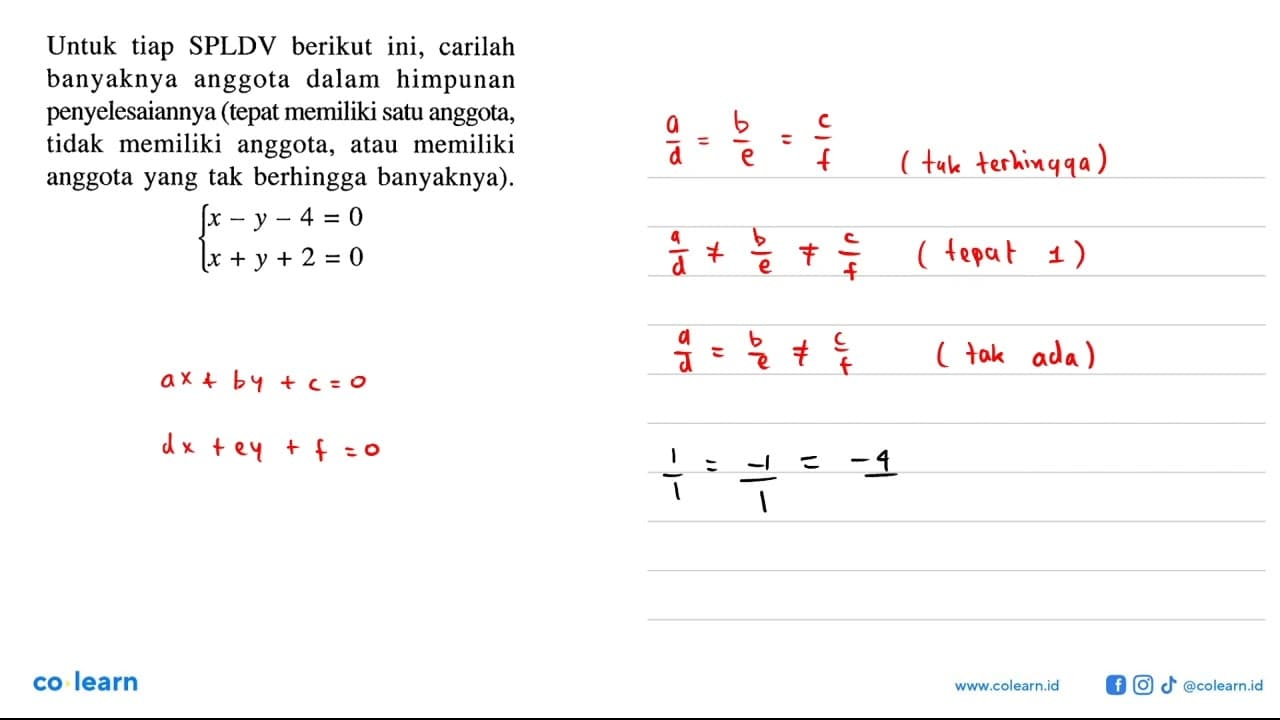 Untuk tiap SPLDV berikut ini, carilah dalam himpunan