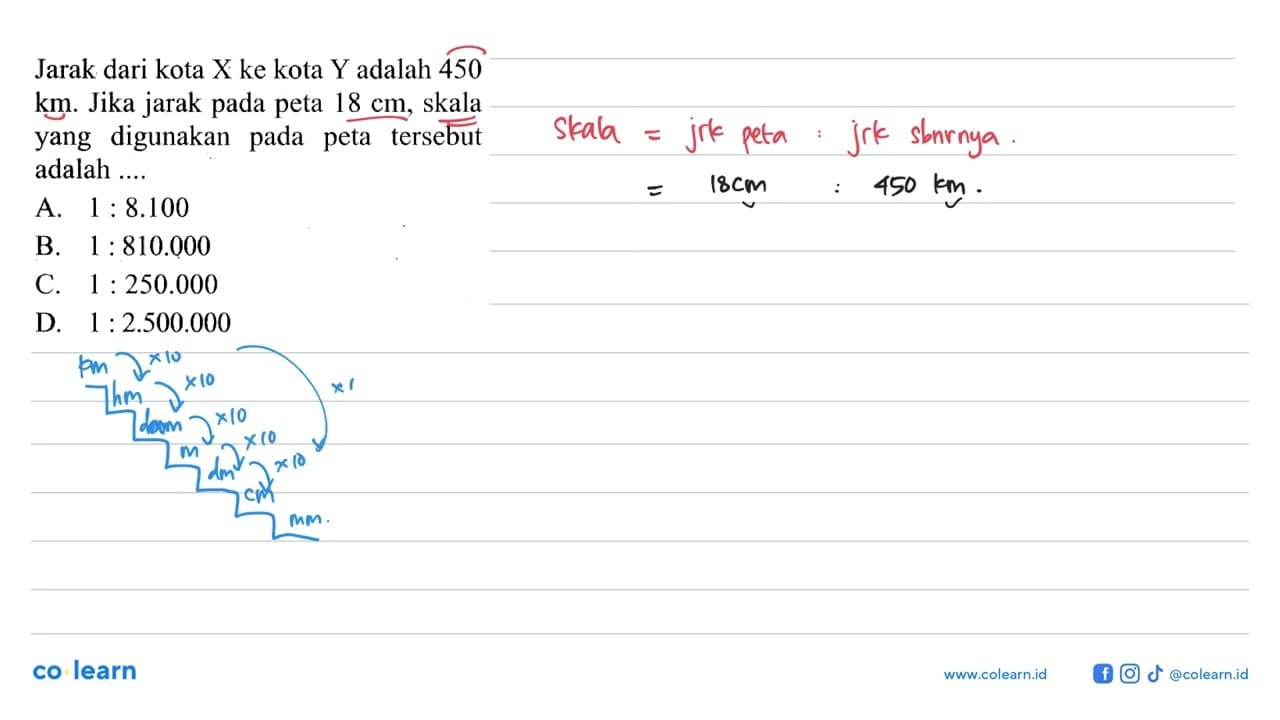 Jarak dari kota X ke kota Y adalah 450 (km). Jika jarak