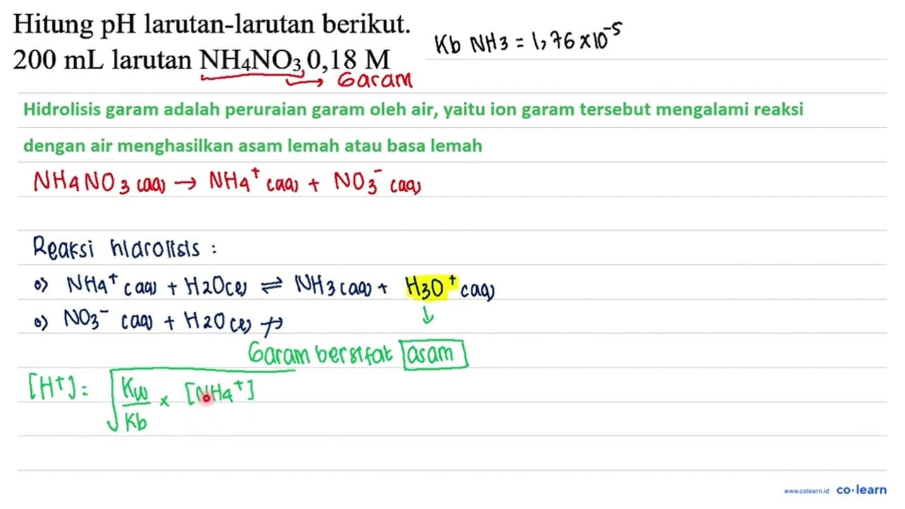 Hitung pH larutan-larutan berikut. 200 mL larutan NH4NO3