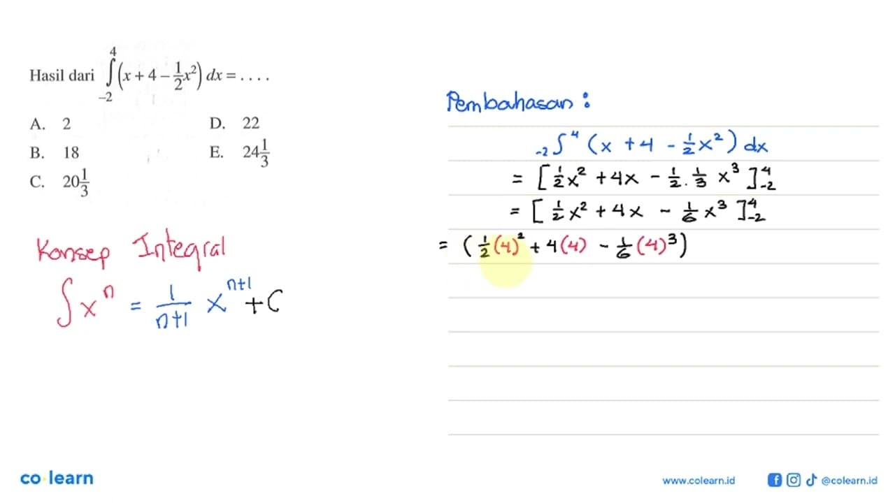 Hasil dari integral 2 4 (x+4-1/2 x^2) dx=...