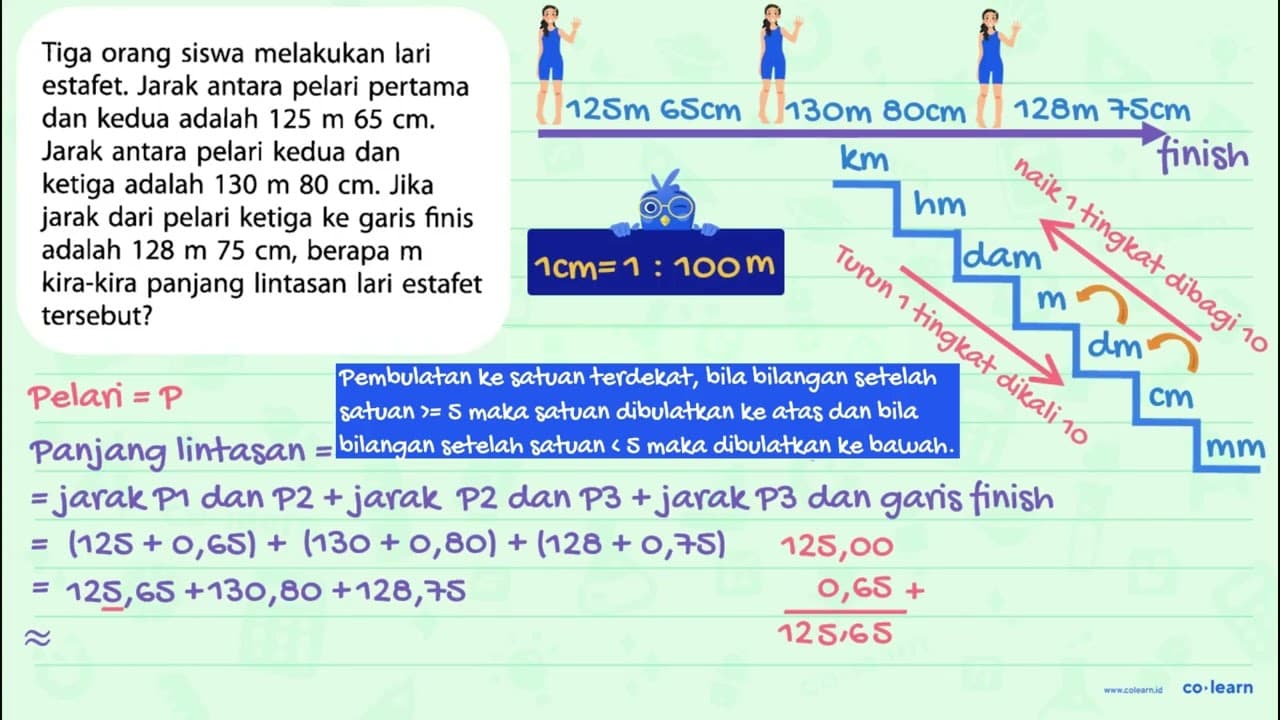 Tiga orang siswa melakukan lari estafet. Jarak antara