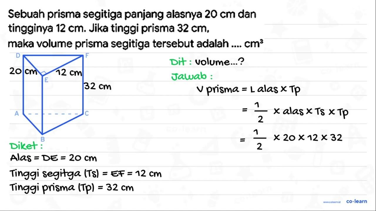 Sebuah prisma segitiga panjang alasnya 20 cm dan tingginya