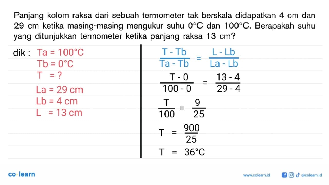 Panjang kolom raksa dari sebuah termometer tak berskala