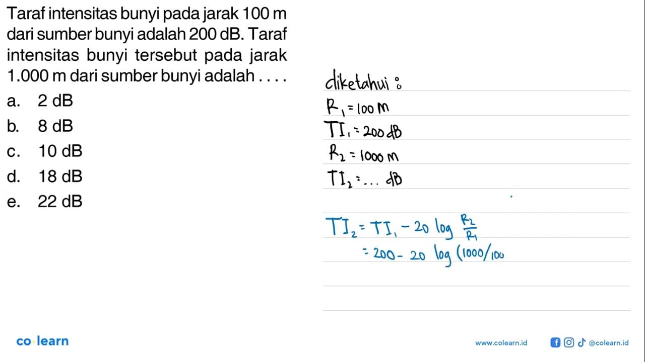 Taraf intensitas bunyi pada jarak 100 m dari sumber bunyi