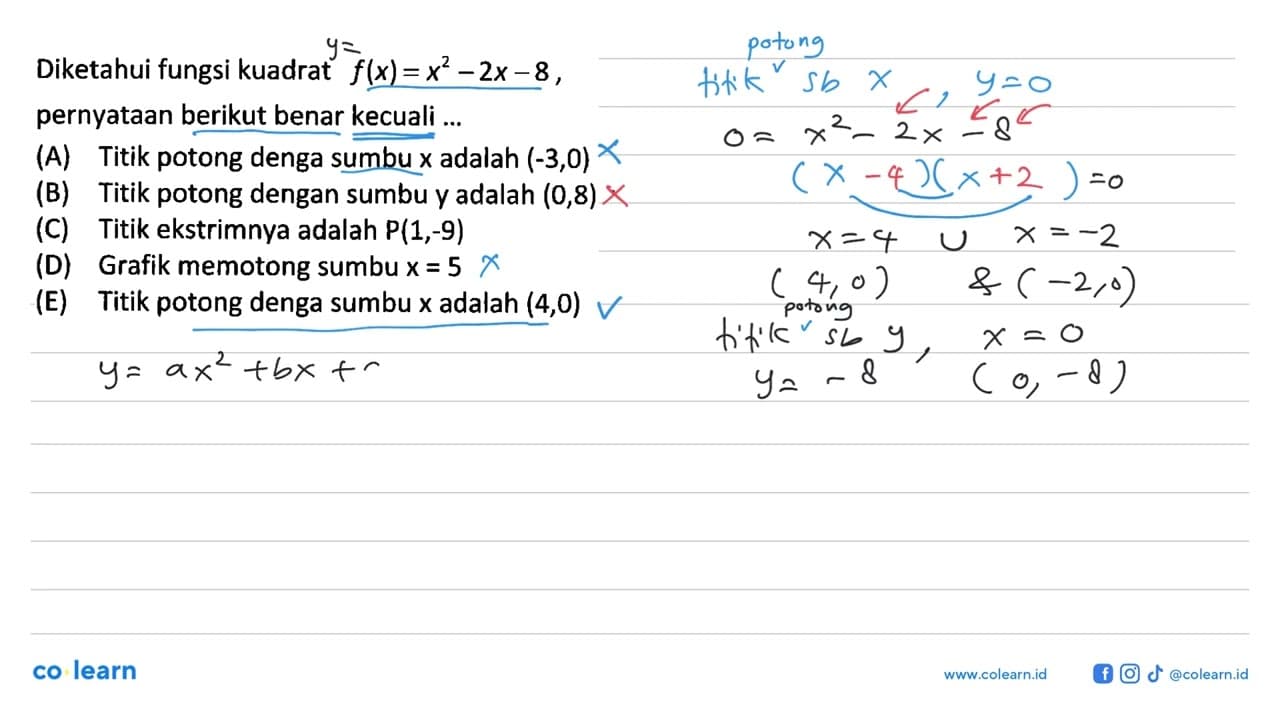 Diketahui fungsi kuadrat f(x) = x^2 - 2x - 8, pernyataan