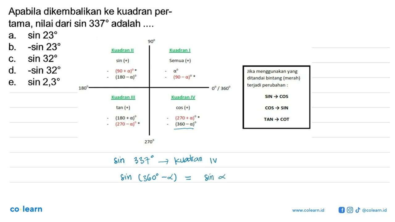 Apabila dikembalikan ke kuadran pertama, nilai dari sin 337