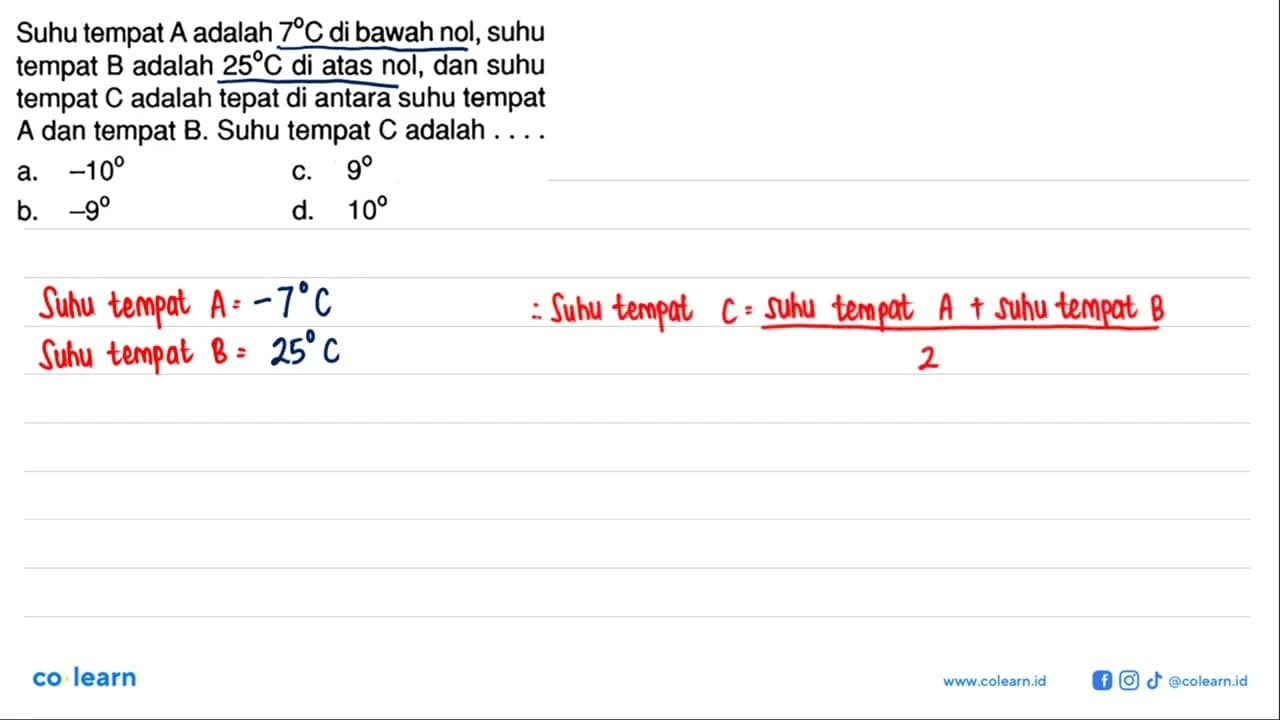 Suhu tempat A adalah 7C di bawah nol, suhu tempat B adalah