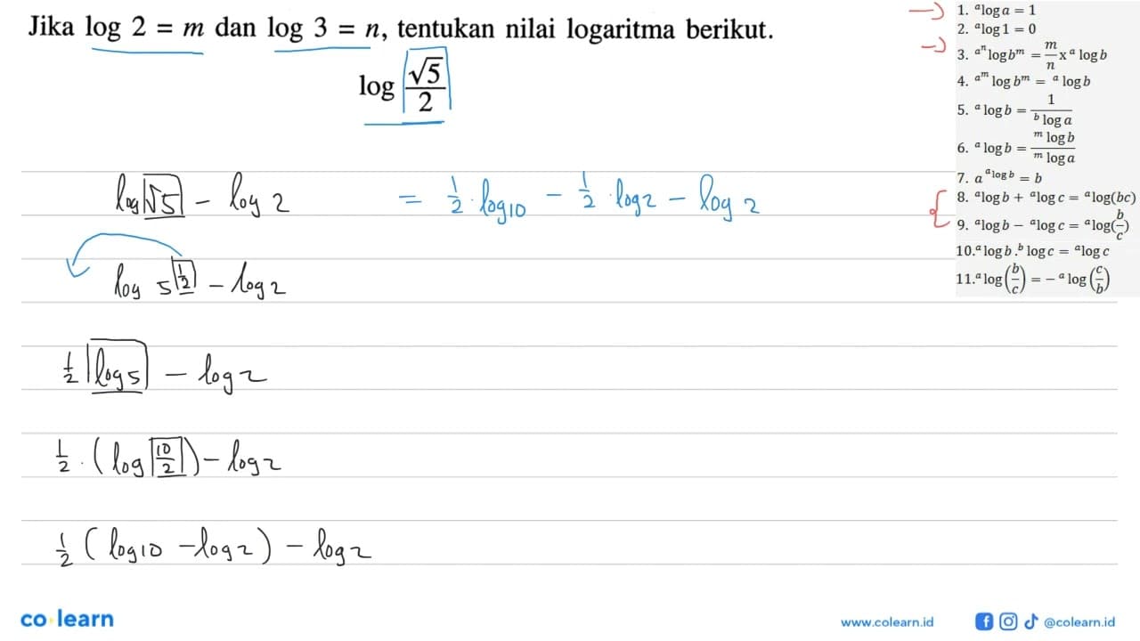 Jika log2=m dan log3=n, tentukan nilai logaritma berikut.