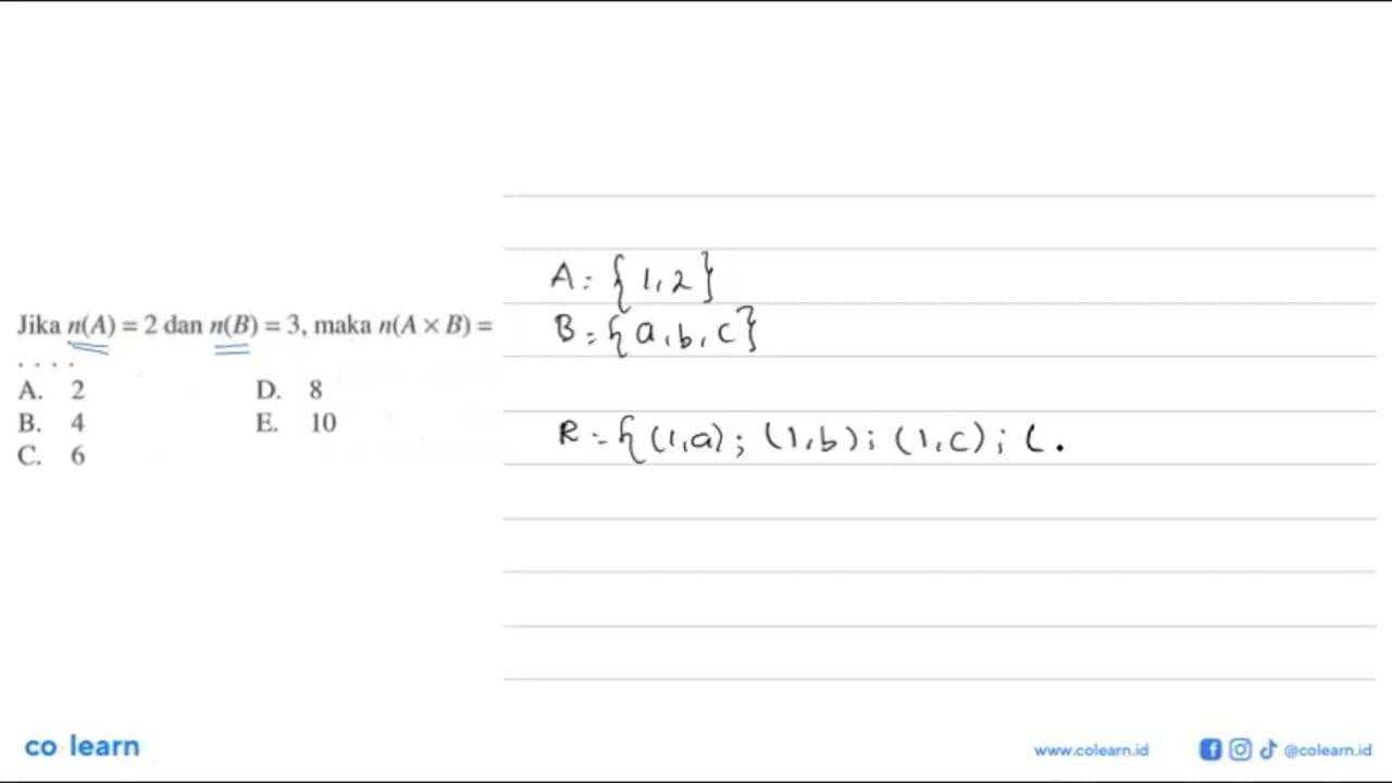 Jika n(A)=2 dan n(B)=3, maka n(A x B)=...