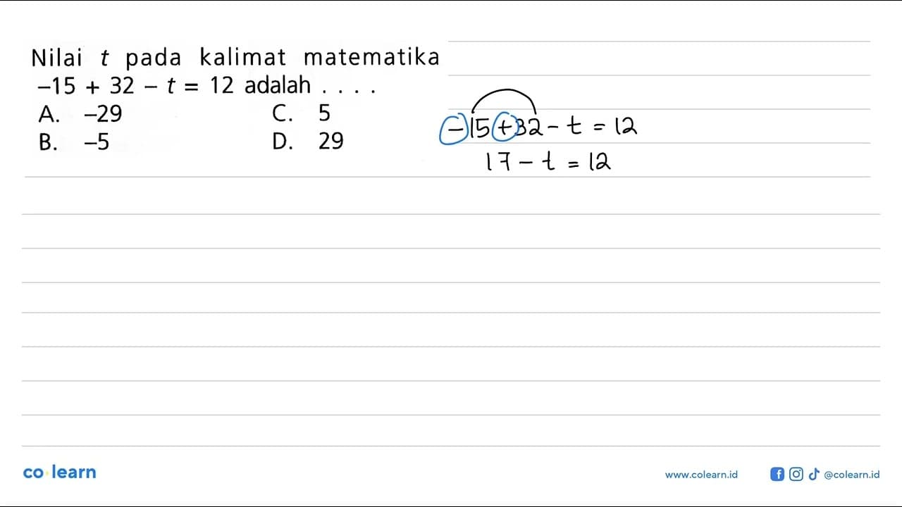 Nilai t pada kalimat matematika -15 + 32 - t = 12 adalah .