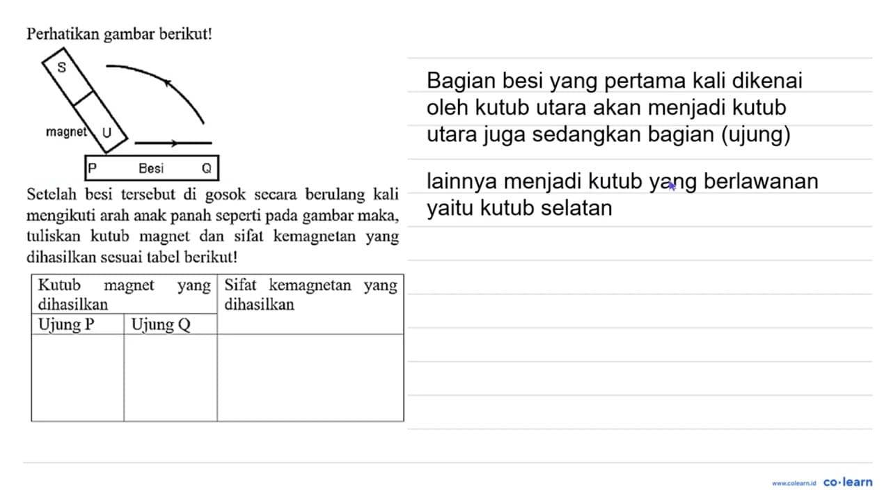 Perhatikan gambar berikut! S U magnet P Besi Q Setelah besi