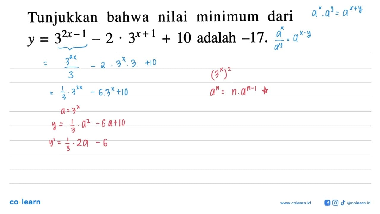 Tunjukkan bahwa nilai minimum dari y=3^(2x - 1) - 2 . 3^(x