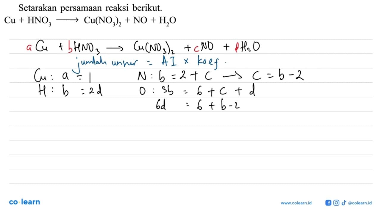 Setarakan persamaan reaksi berikut.Cu+HNO3 ->