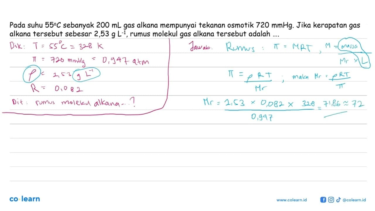 Pada suhu 55 C sebanyak 200 mL gas alkana mempunyai tekanan