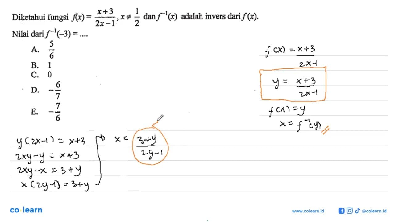 Diketahui fungsi f(x)=(x+3)/(2x-1),x=/=1/2 dan f^(-1)(x)