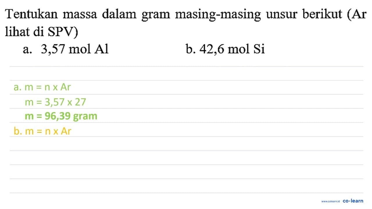 Tentukan massa dalam gram masing-masing unsur berikut (Ar