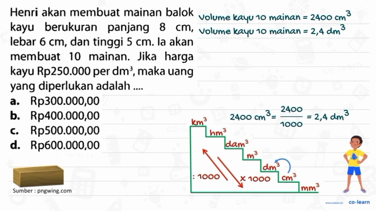 Henri akan membuat mainan balok kayu berukuran panjang 8 cm