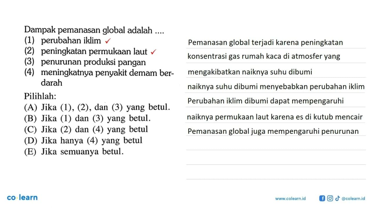 Dampak pemanasan global adalah ....(1) perubahan iklim(2)