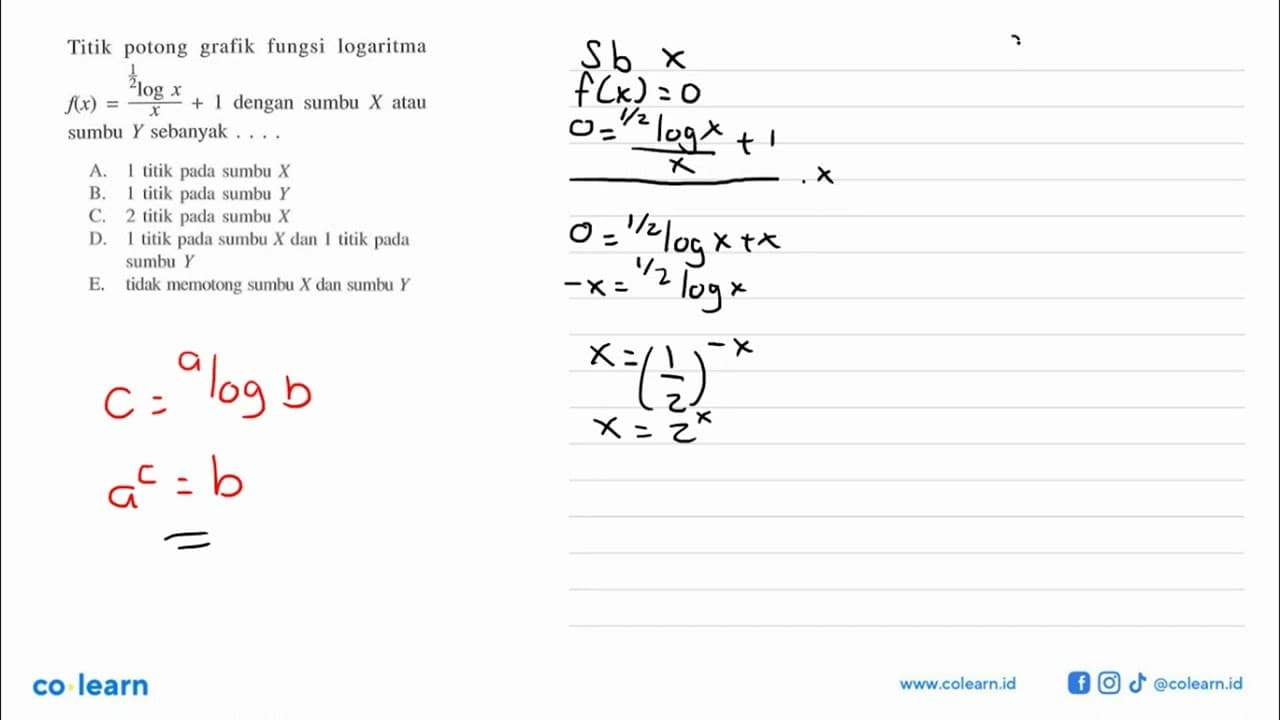 Titik potong grafik fungsi logaritma f(x)=(1/2logx/x) + 1