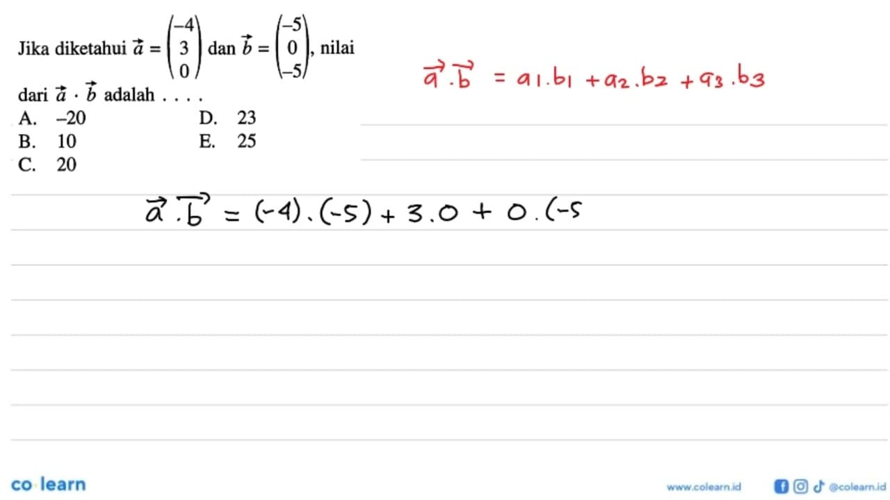 Jika diketahui a=(-4 3 0) dan b=(-5 0 -5), nilai dari a.b