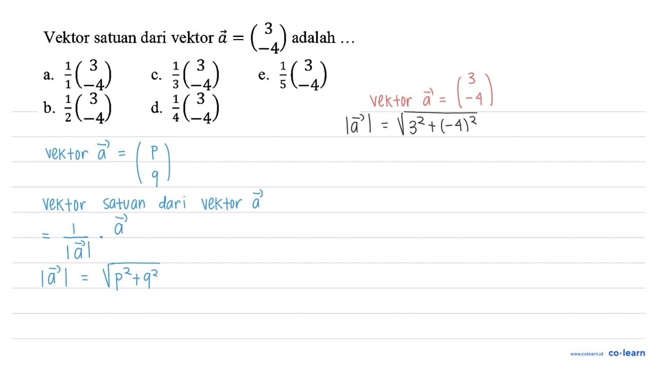 Vektor satuan dari vektor a=(3 -4) adalah ...