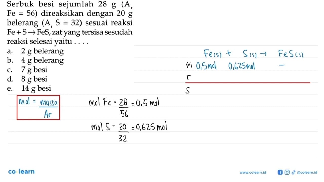 Serbuk besi sejumlah 28 g (Ar Fe=56) direaksikan dengan 20