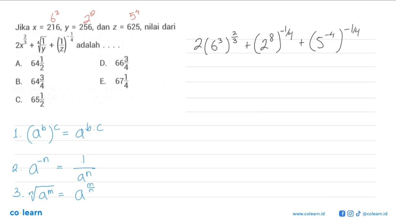 Jika x = 216, y = 256, dan z = 625, nilai dari 2x^(2/3) +