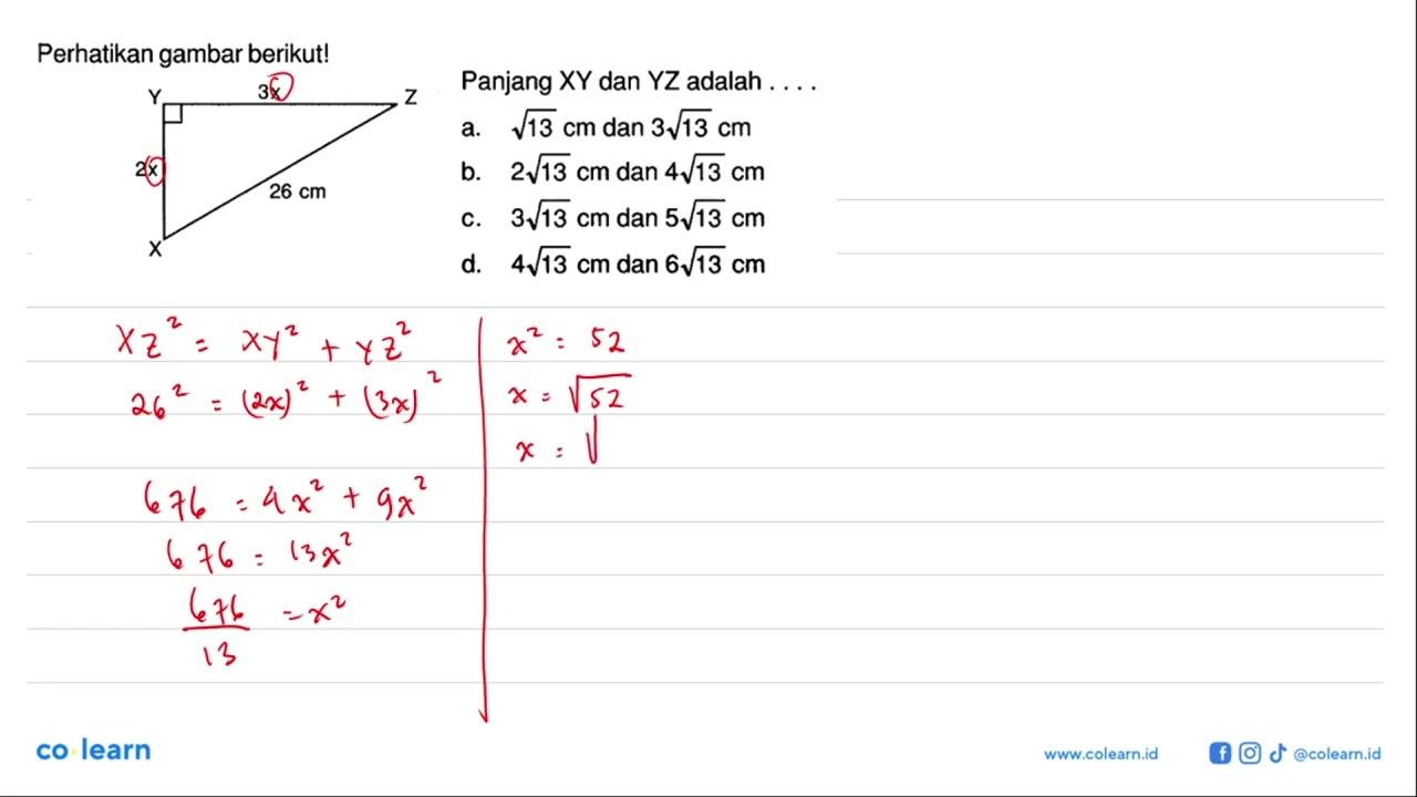 perhatikan gambar berikut! 3x 2x 26 cmPanjang XY dan YZ