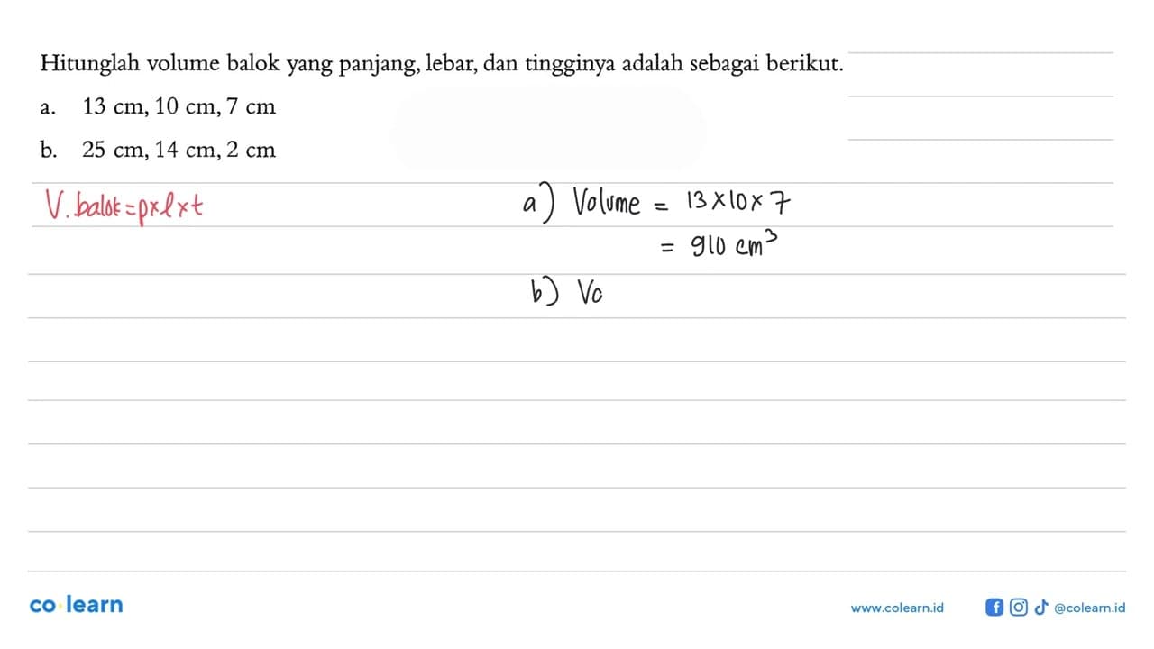 Hitunglah volume balok yang panjang, lebar, dan tingginya