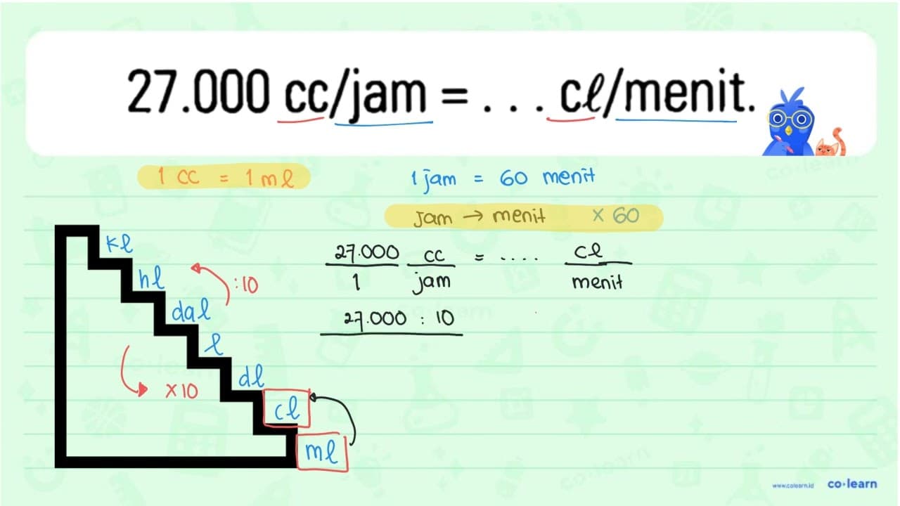 27.000 cc/jam = ... cl/menit.