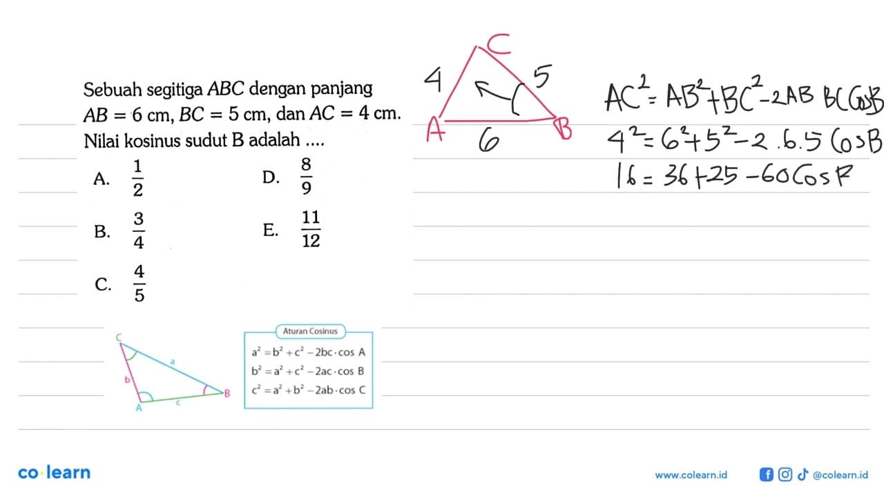 Sebuah segitiga ABC dengan panjang AB=6 cm, BC=5 cm, dan