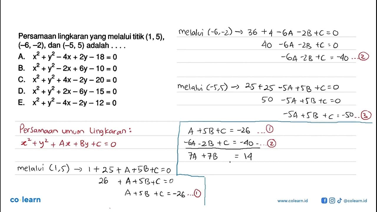 Persamaan lingkaran yang melalui titik (1,5),(-6,-2), dan