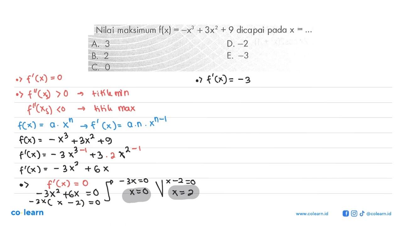 Nilai maksimum f(x)=-x^3+3x^2+9 dicapai pada x=...