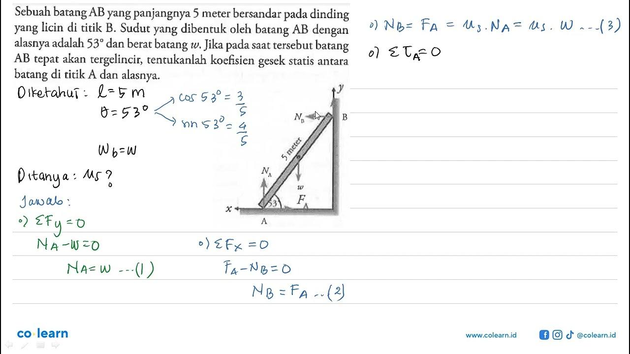 Sebuah batang AB yang panjangnya 5 meter bersandar pada
