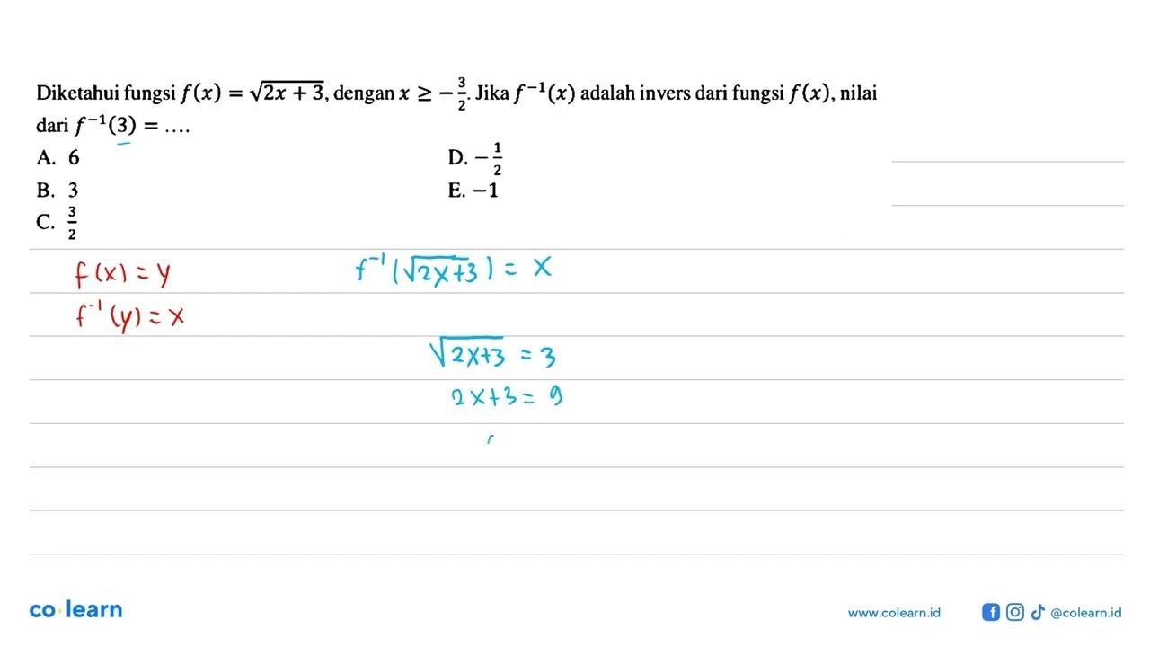 Diketahui fungsi f(x)=(2x+3)^1/2, dengan x>=-3/2. Jika