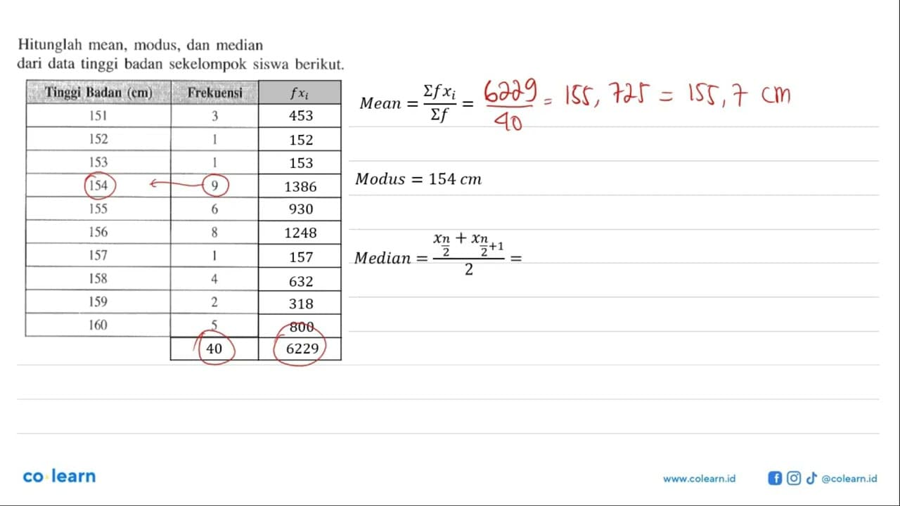 Hitunglah mean, modus, dan median dari data tinggi badan