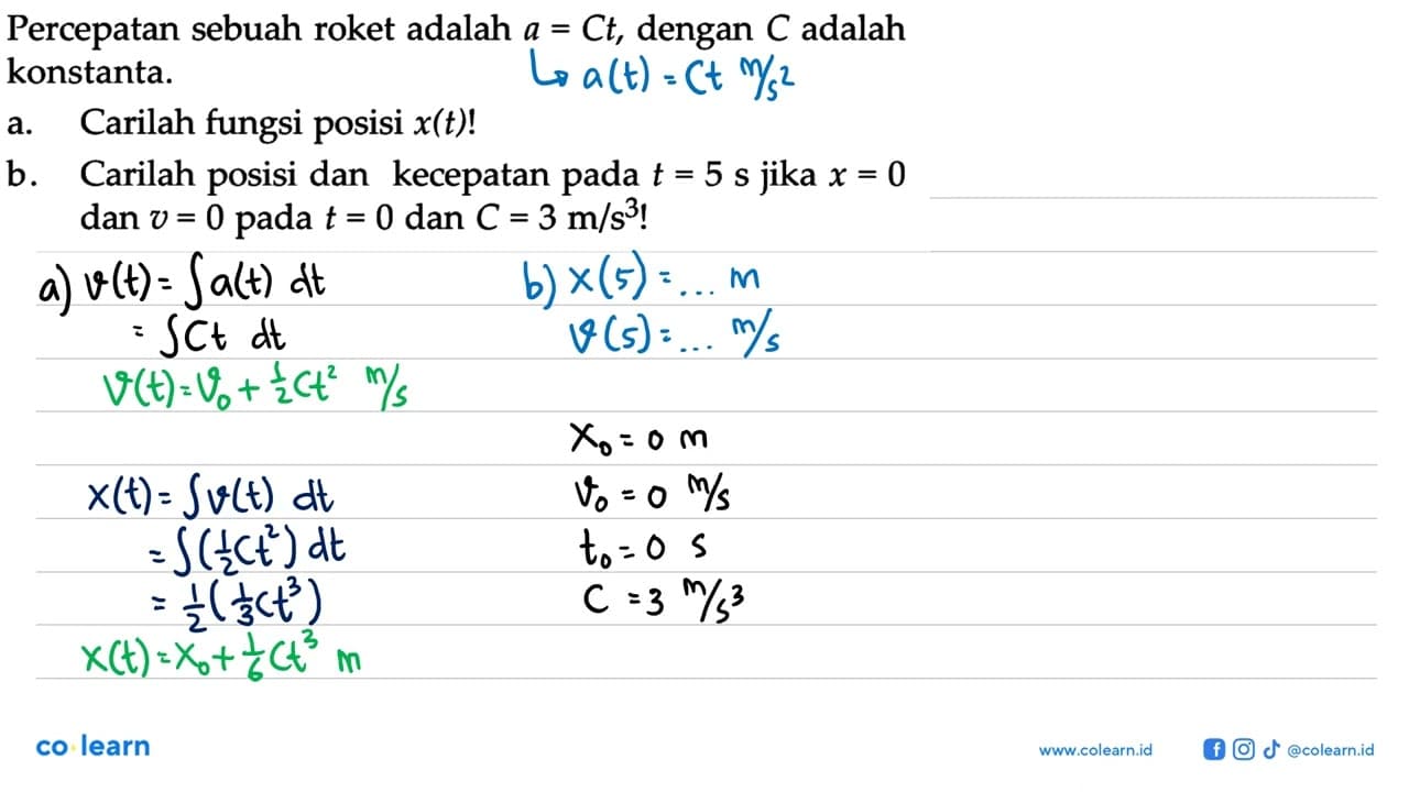 Percepatan sebuah roket adalah a=Ct, dengan C adalah