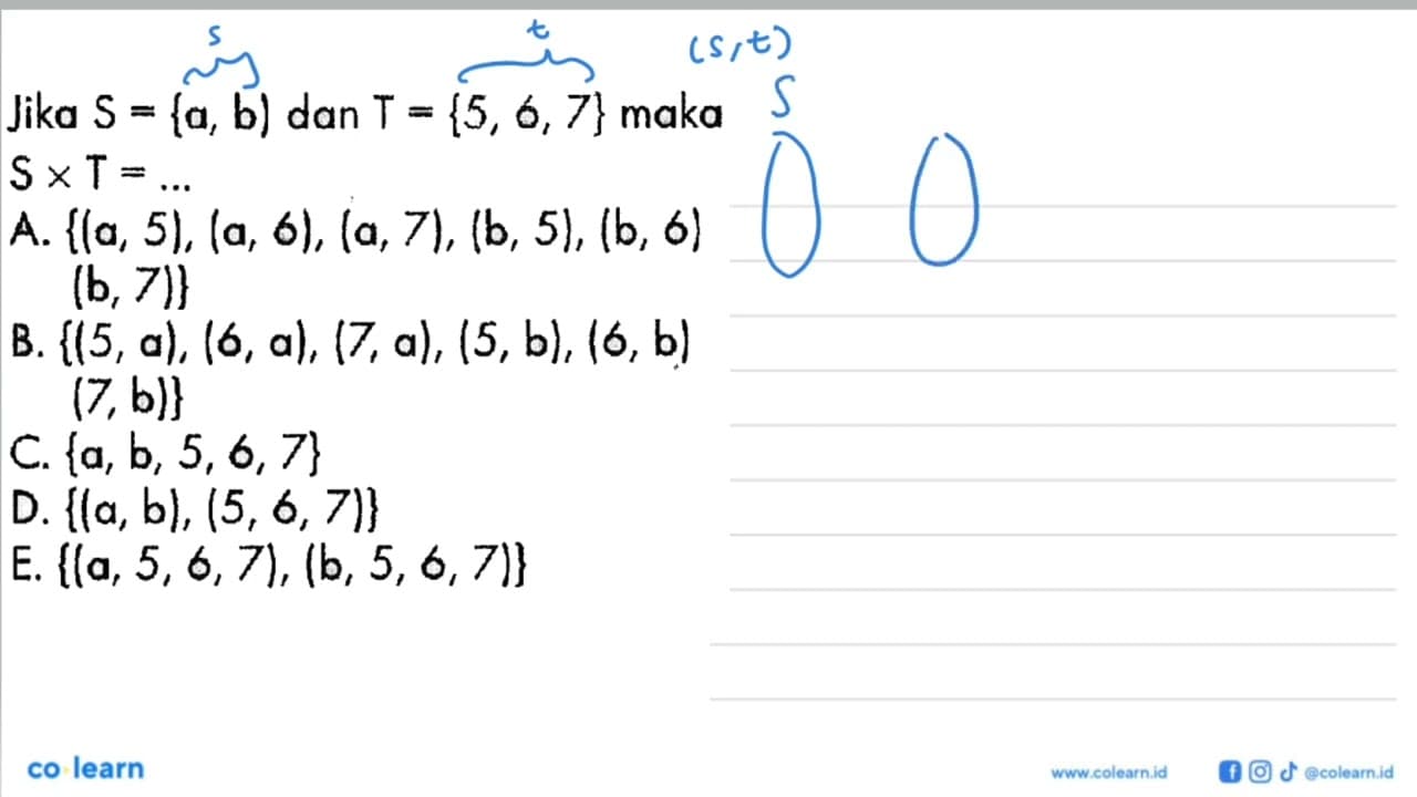 Jika S={a, b) dan T={5,6,7} maka SxT=... A. {(a, 5), (a,