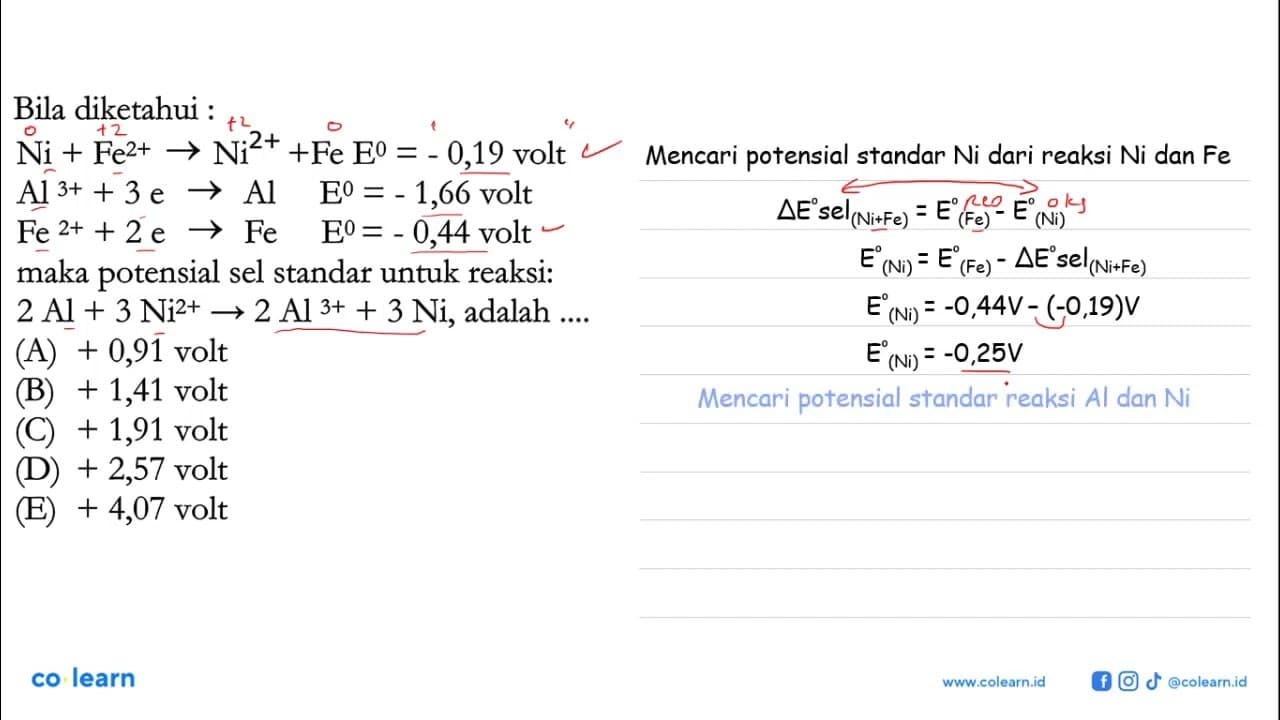 Bila diketahui : Ni + Fe^(2+) -> Ni^(2+) + Fe E=-0,19 volt