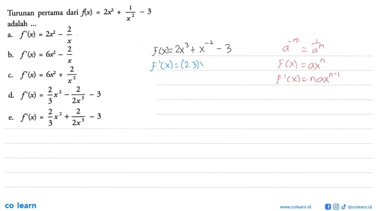 Turunan pertama dari f(x)=(2 x^3+1)/(x^2-3) adalah ...