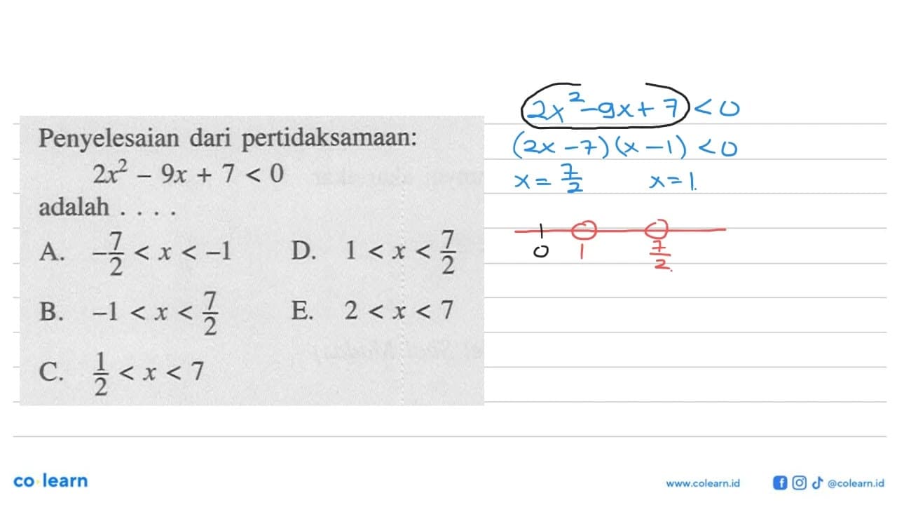 Penyelesaian dari pertidaksamaan: 2x^2-9x+7<0 adalah ....