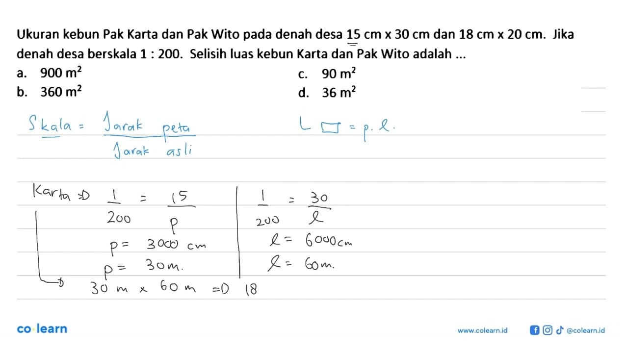 Ukuran kebun Pak Karta dan Pak Wito pada denah desa 15 cm x