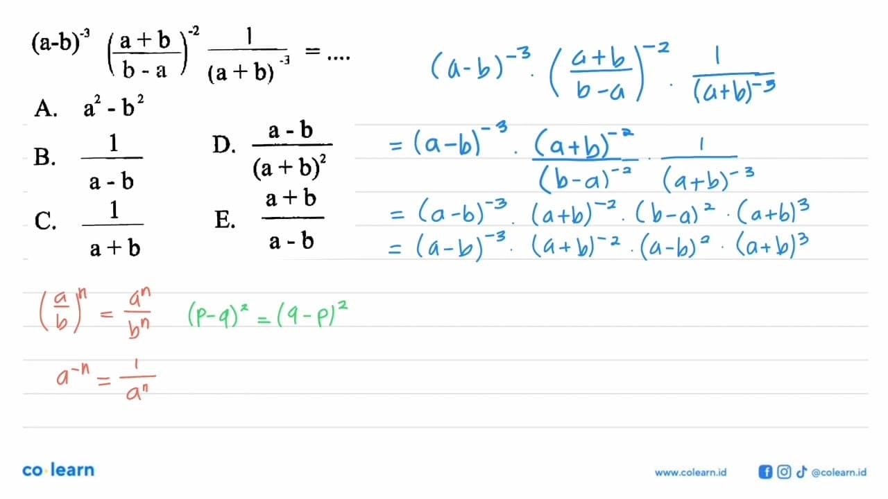 (a-b)^(-3) ((a+b)/(b-a))^(-2) 1/(a+b)^(-3)=....